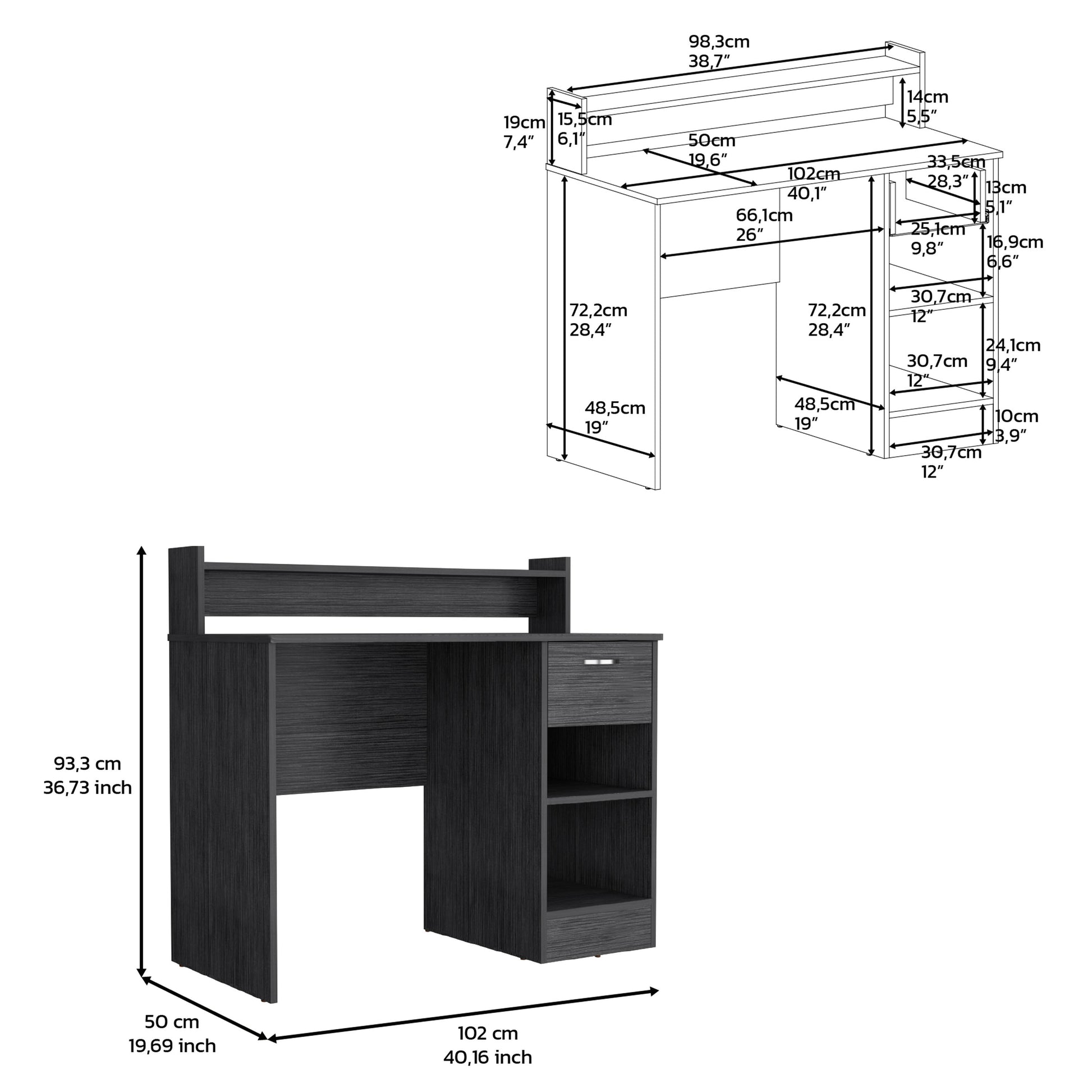 Dark wood computer desk with hutch and storage shelves for home office
