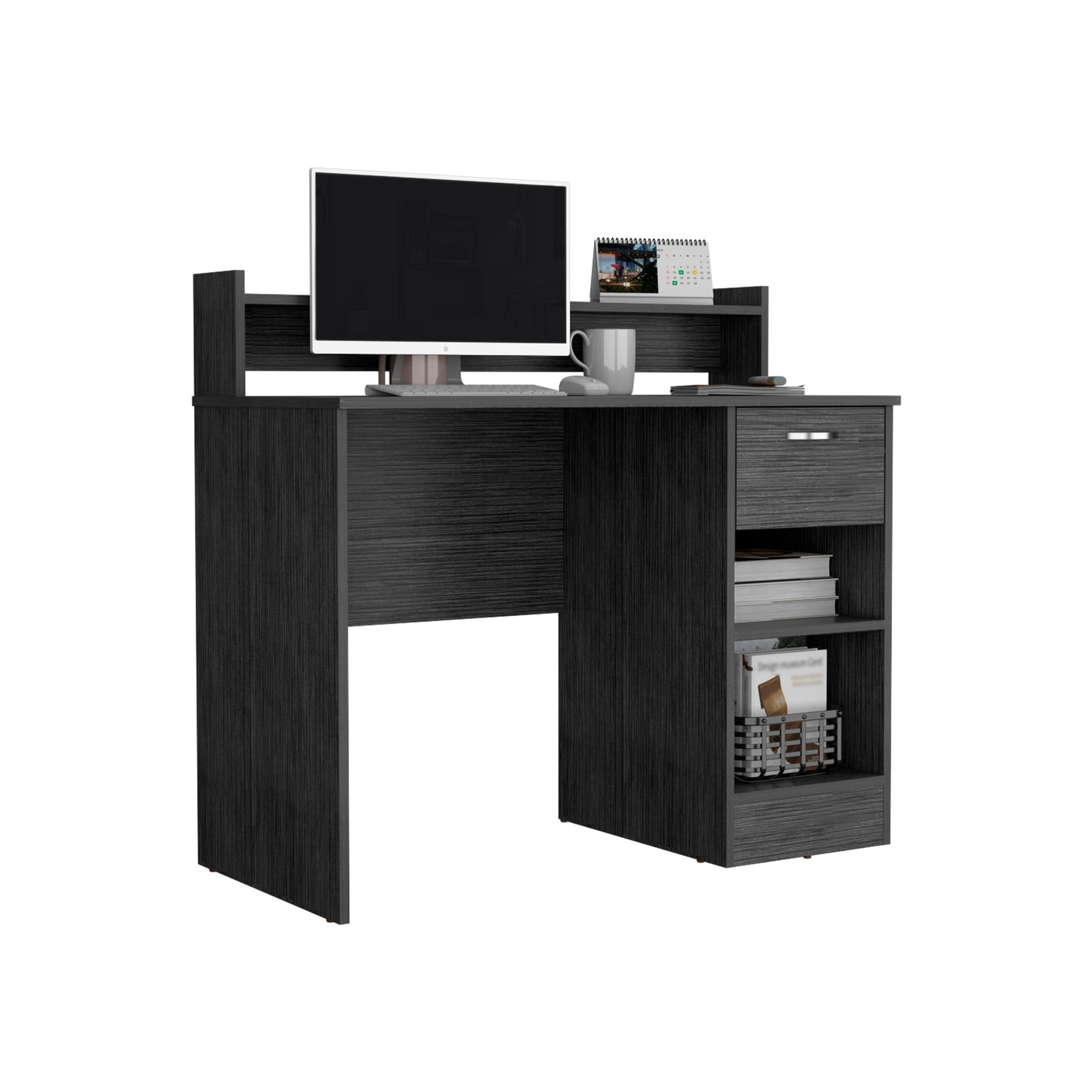 Dark grey wood grain compact computer desk with builtin shelving and a drawer