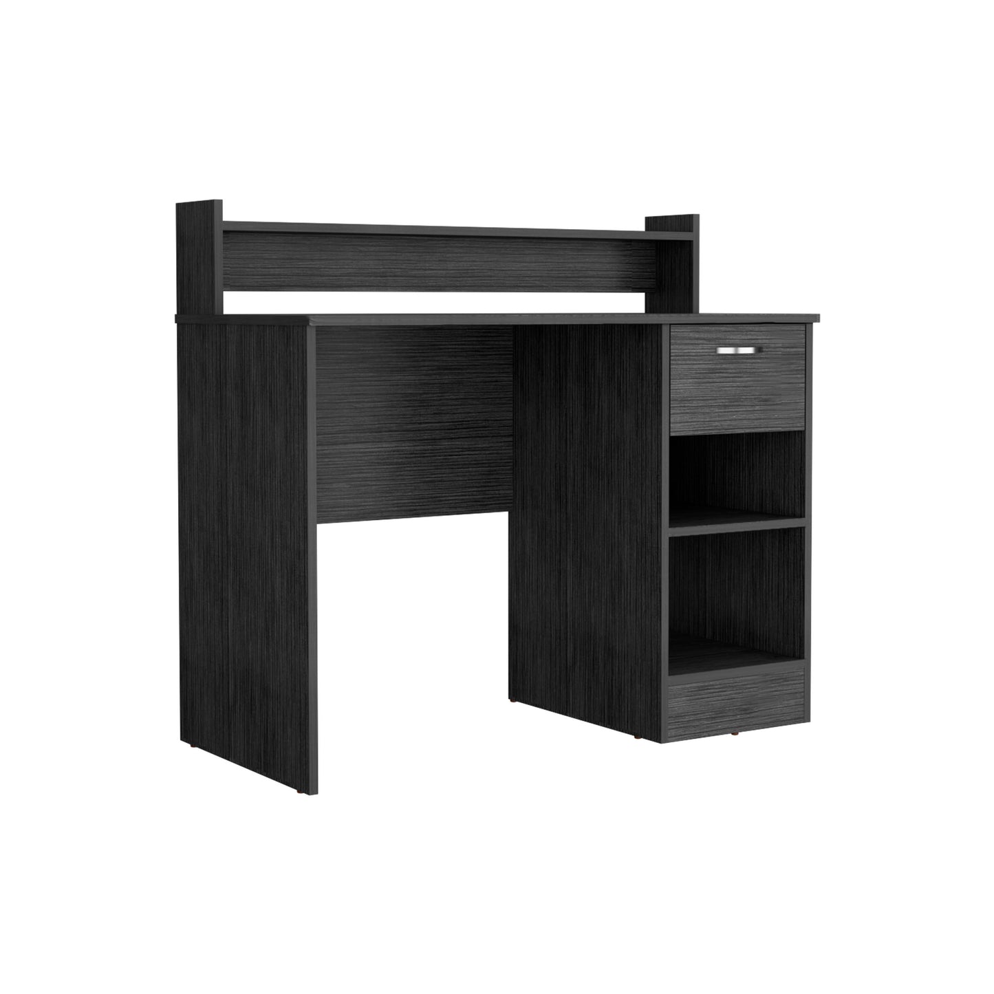 Compact dark wood grain student desk with open shelves and a drawer