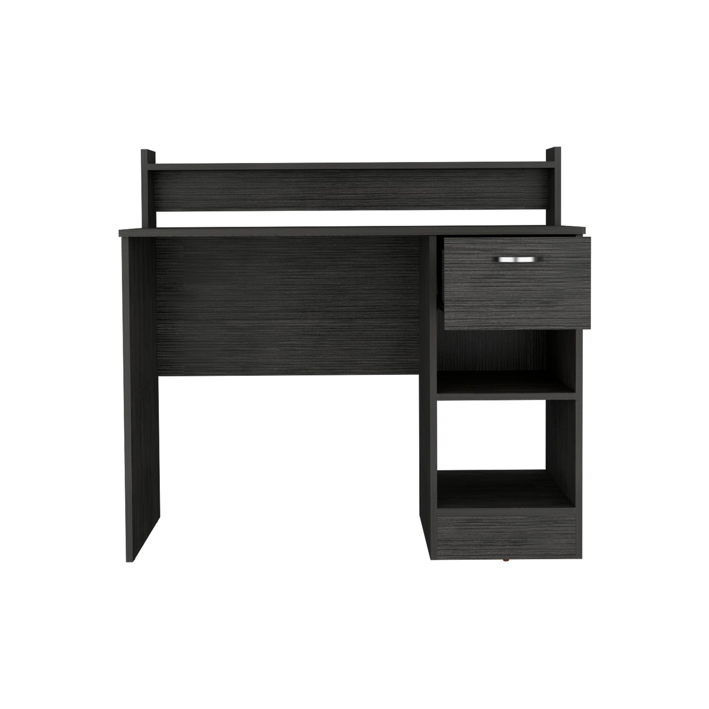 Dark gray wood grain desk with attached shelving unit