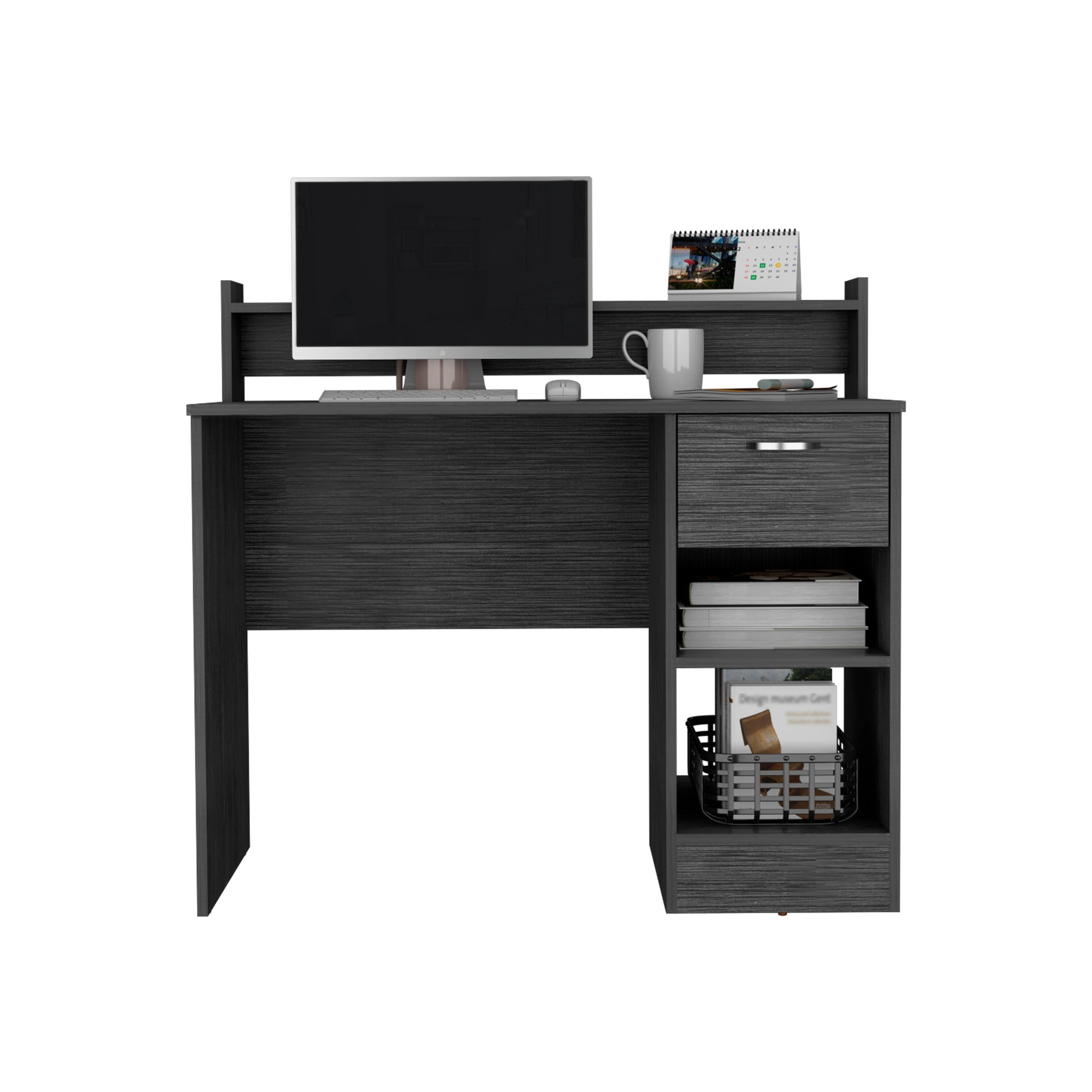 Dark grey computer desk with integrated monitor stand and storage shelf