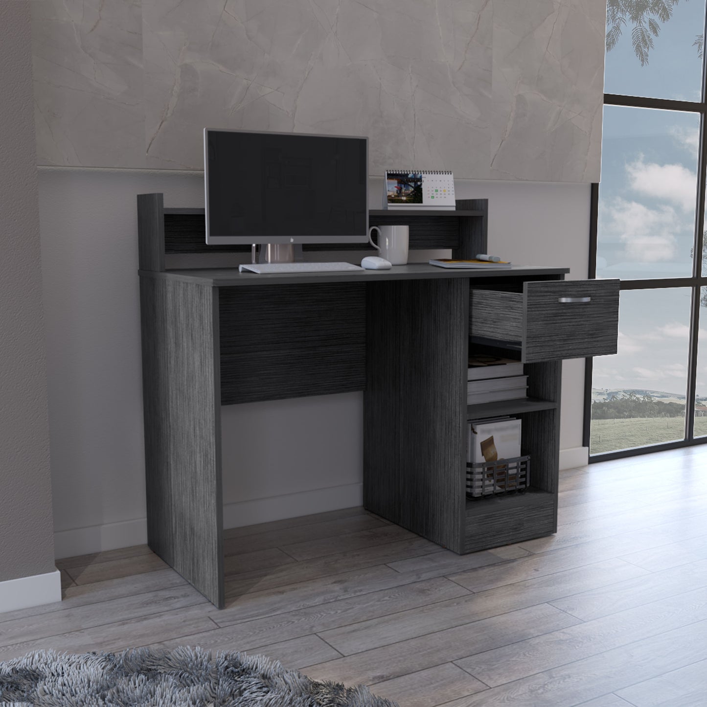Dark grey laminate computer desk with hutch open drawer and shelving for study