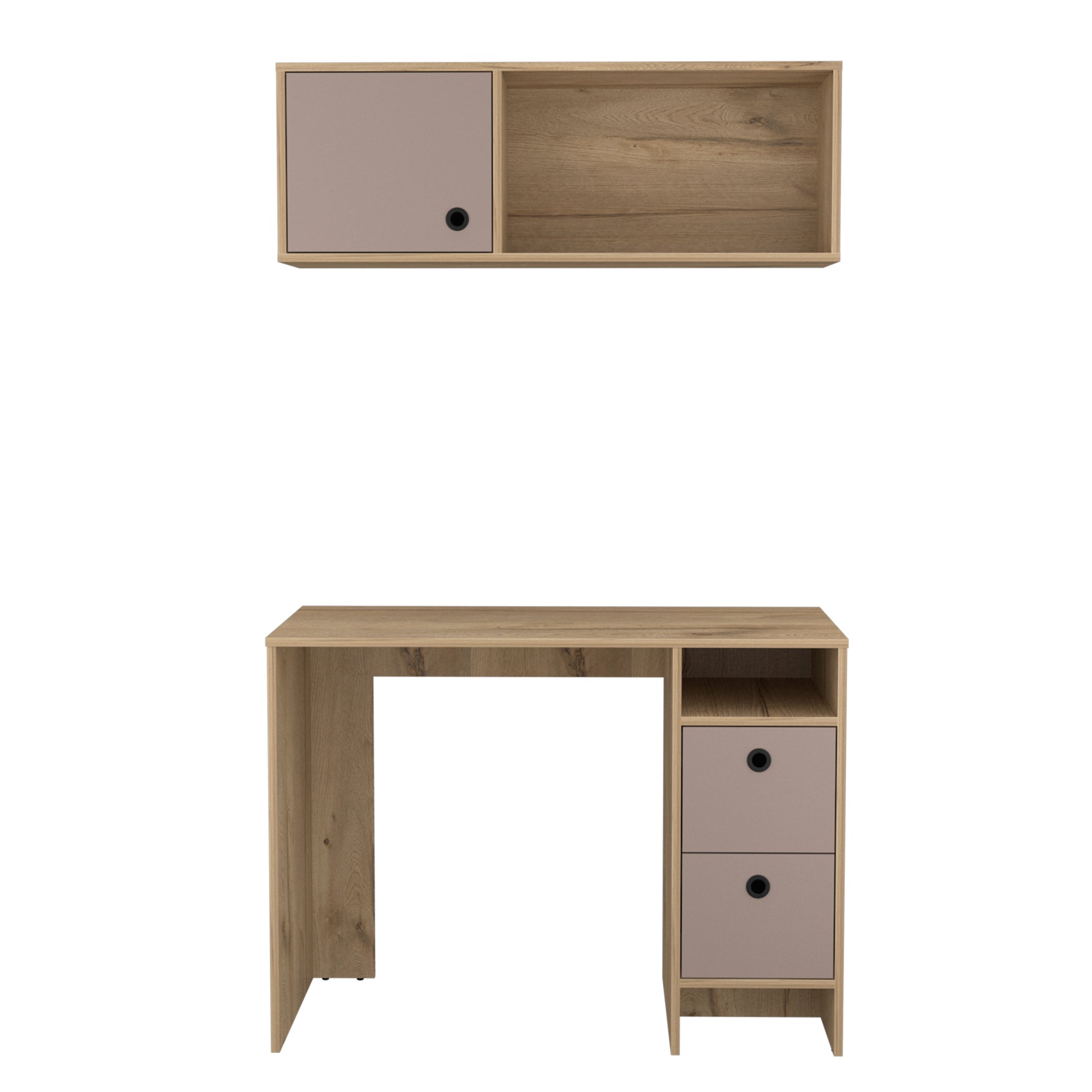 Modern wood grain desk with taupe cabinet and two drawers with matching wallmounted shelf
