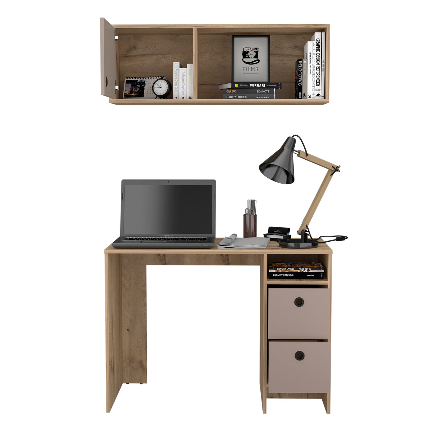 Wooden study desk with a black laptop and adjustable lamp