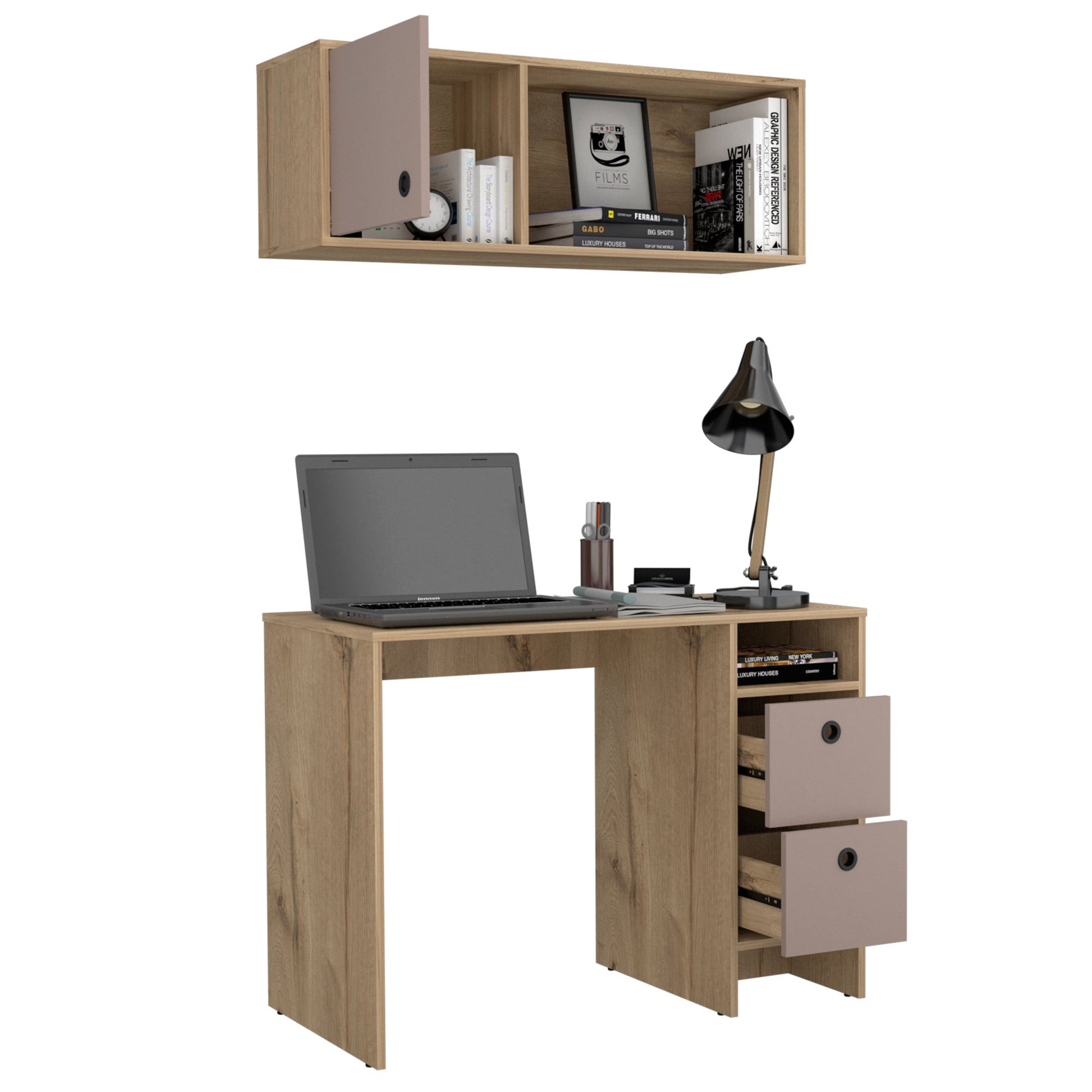 Compact wood desk with open shelving and a laptop ideal for a home office setup