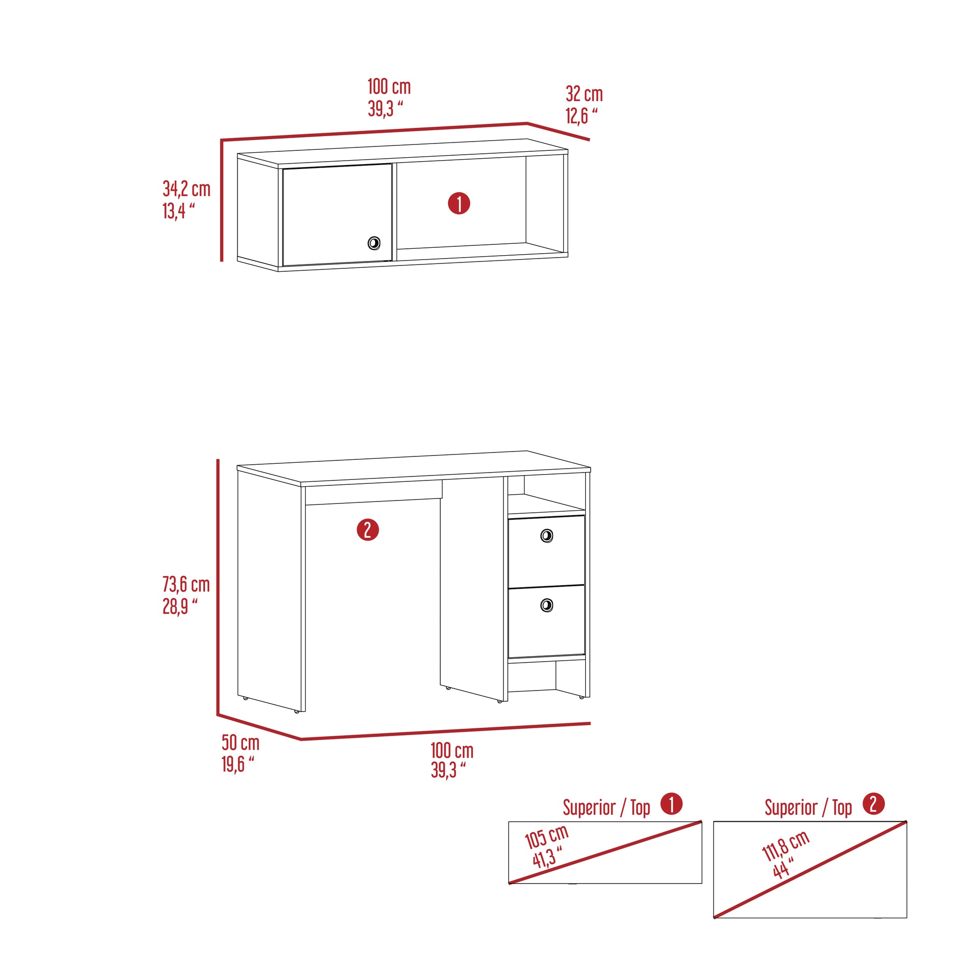 Diagram showing dimensions of a white desk with two drawers and an attached wall shelf
