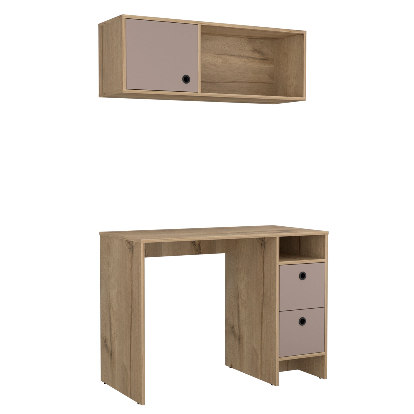 Modern oak veneer desk with two taupe drawers and a matching wallmounted shelf with one cabinet door