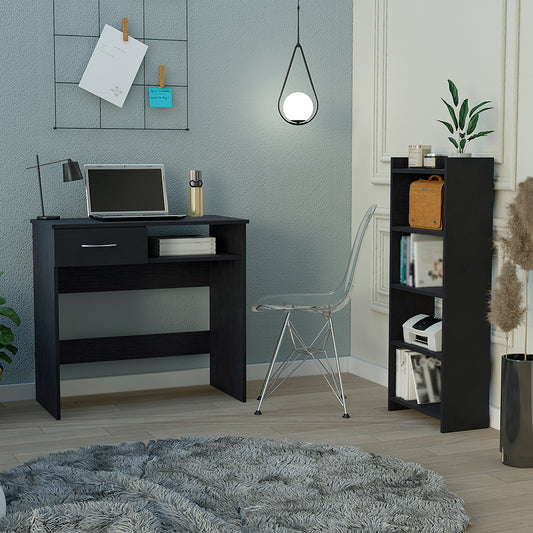 Black modern desk with laptop and drawer ideal for home office setup