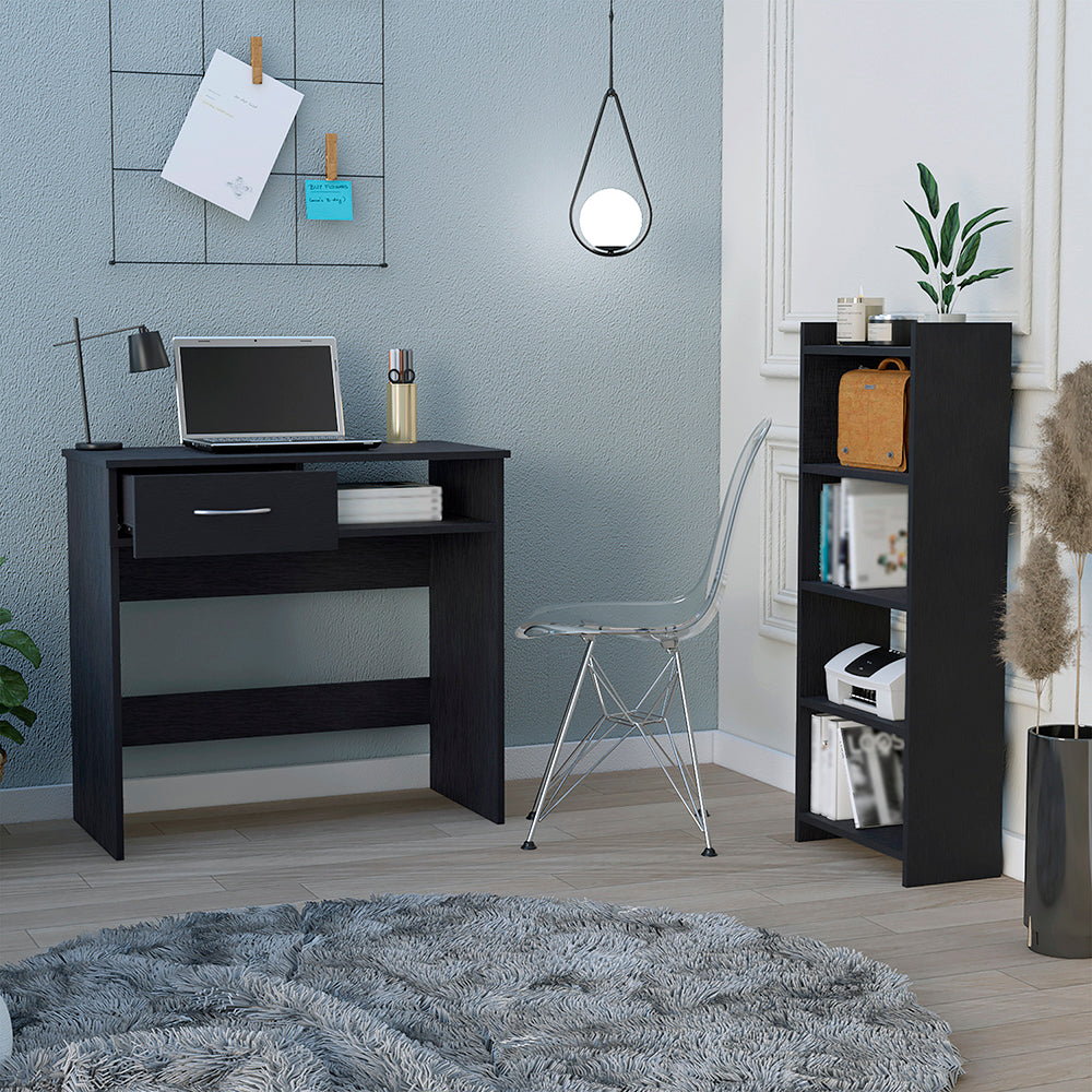 Dark oak writing desk with one drawer and open shelf featuring a laptop and lamp