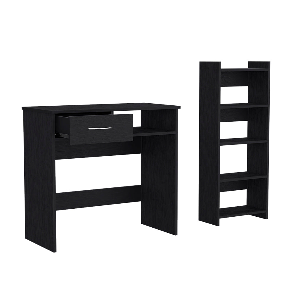 Black wood grain desk with an open drawer and matching tall shelf unit
