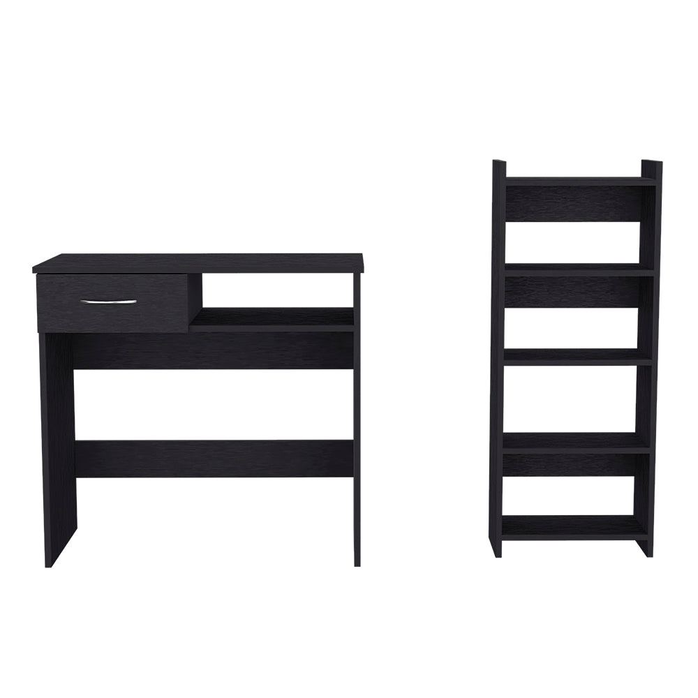Black minimalist desk with drawer and open shelves modern workspace
