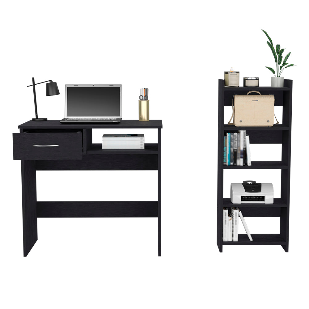Black modern computer desk with open drawer and laptop