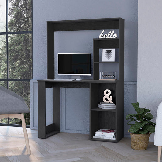 Modern dark gray computer desk with hutch and open shelving for home office