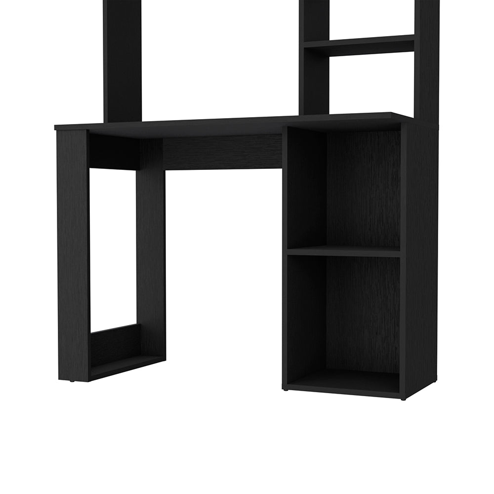 Sleek black computer desk with integrated shelving perfect for home office organization