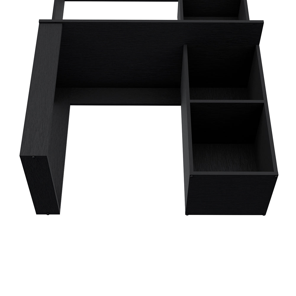 Black modern computer desk with open shelving and a sleek finish