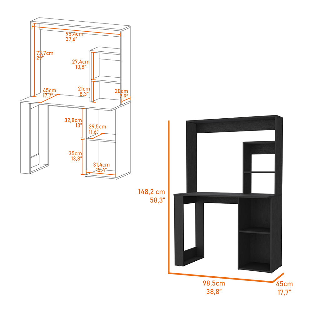 Black modern computer desk with integrated shelving and hutch dimensions provided