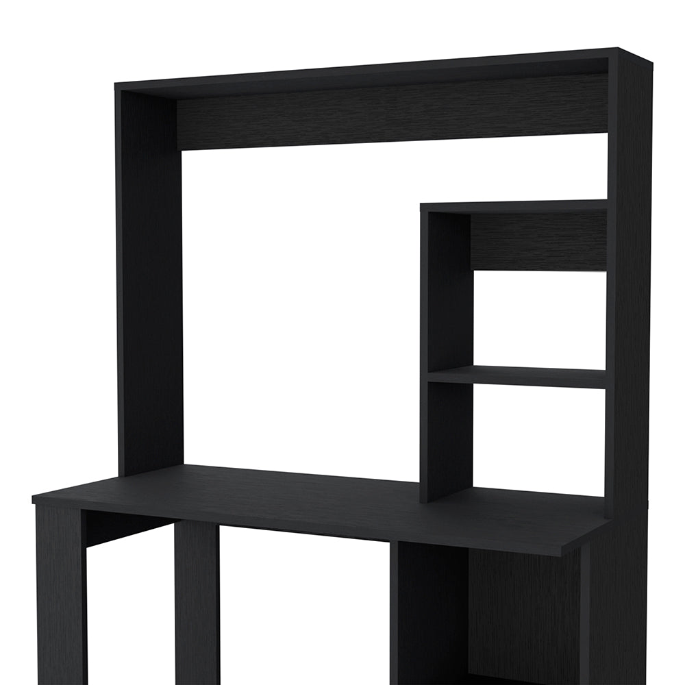 Black modern computer desk with overhead hutch and shelving