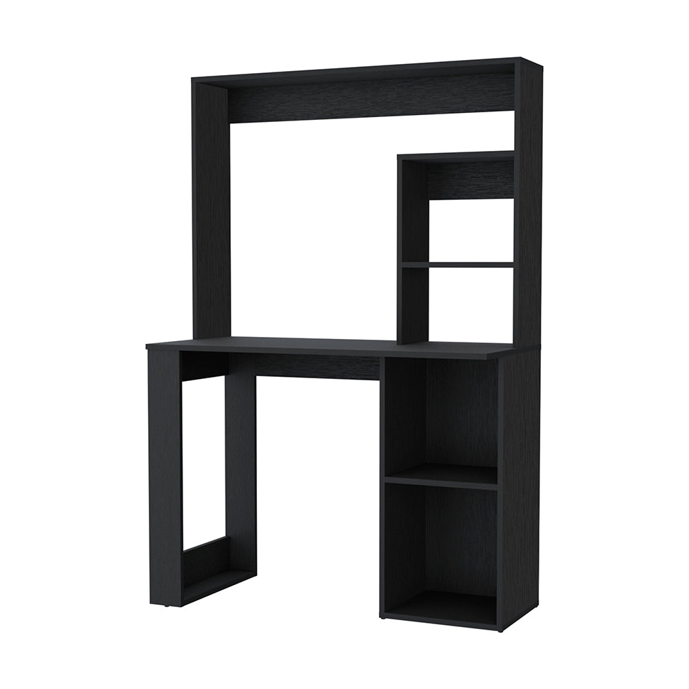 Black computer desk with integrated shelving and hutch for home office setup