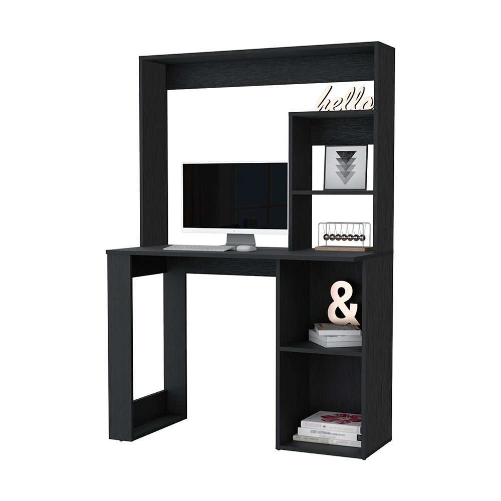 Modern black computer desk with hutch and builtin shelving for home office organization