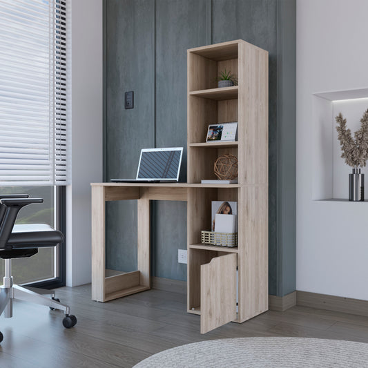 Light oak desk with integrated shelving unit for home office setup