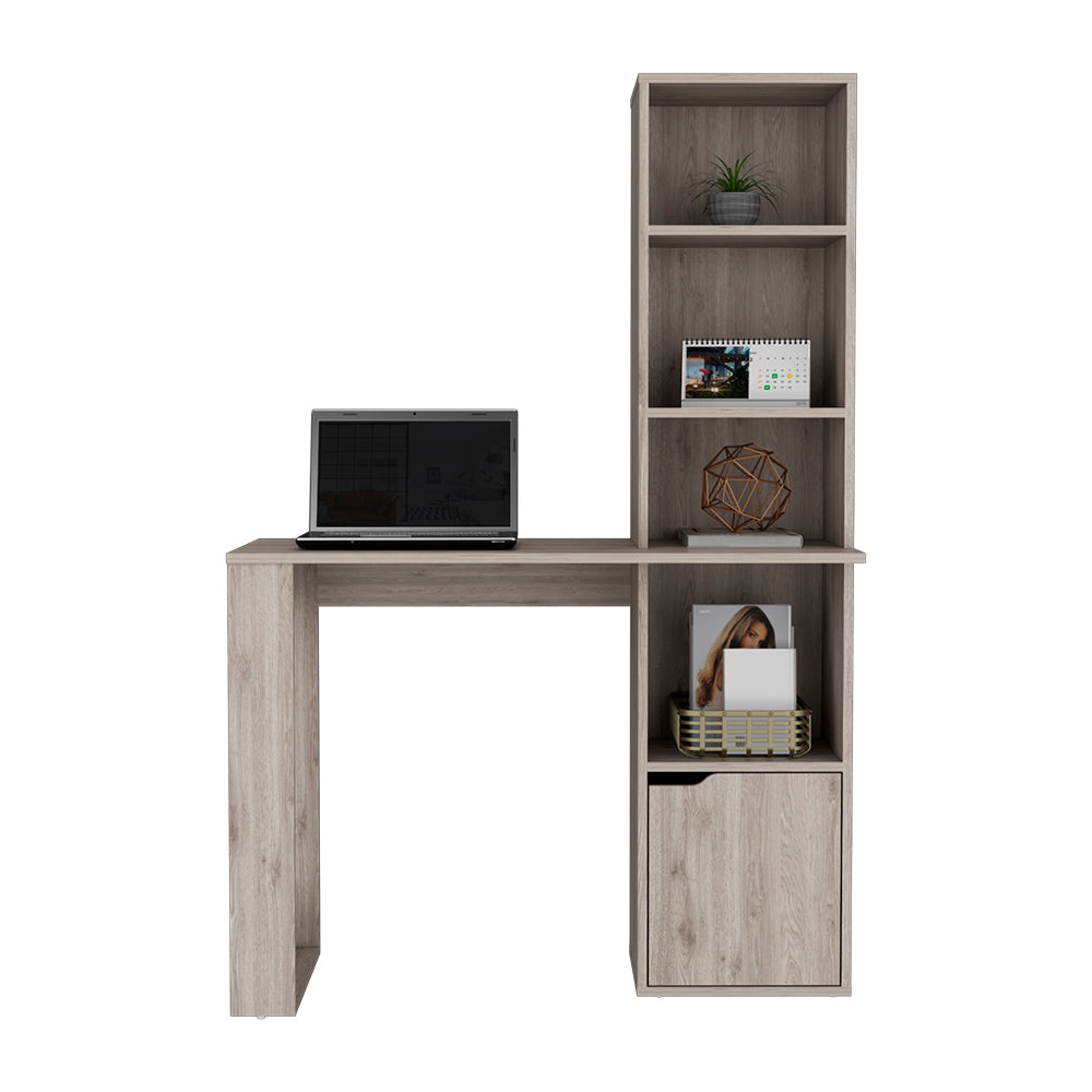 Modern wood desk with integrated shelving unit and open workspace