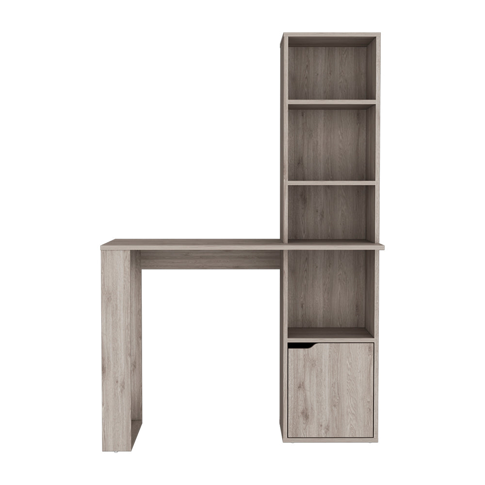 Grey wood desk with integrated bookshelf and cabinet for office or study space