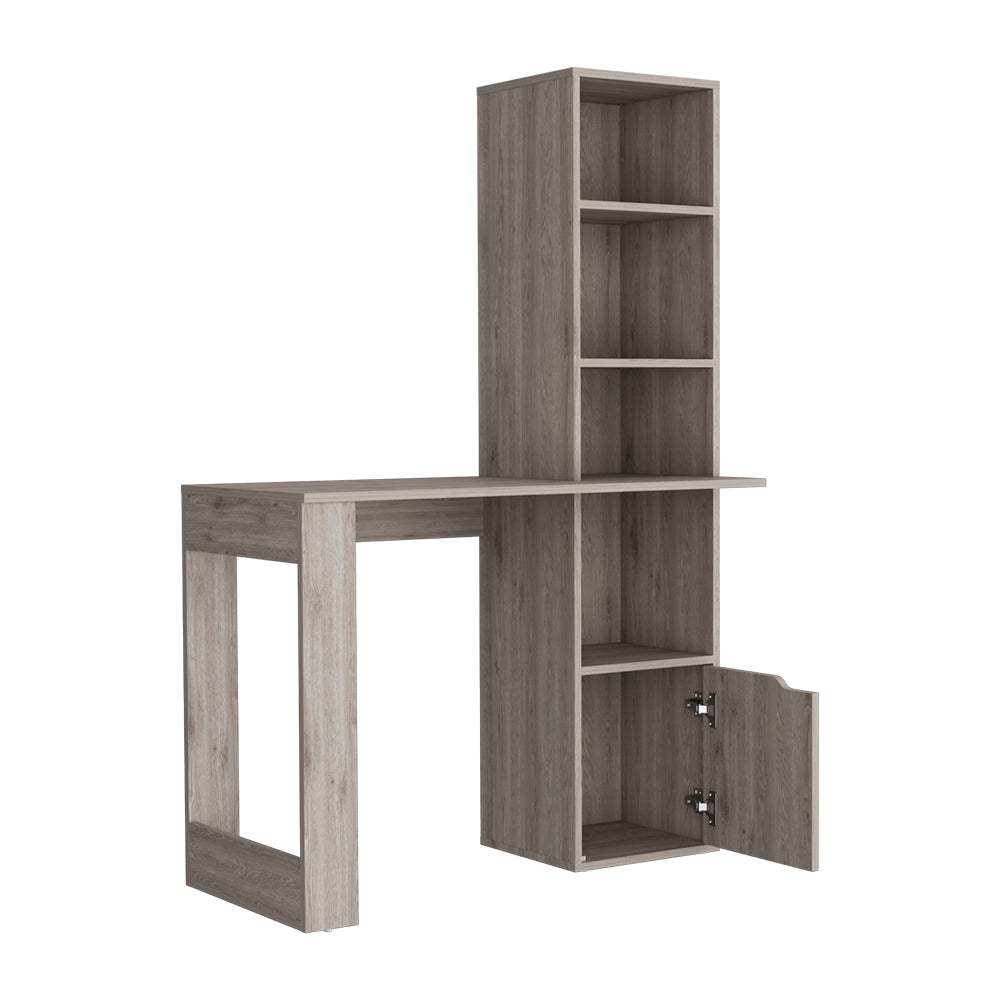 Modern grey wood desk with integrated shelving and open cabinet door