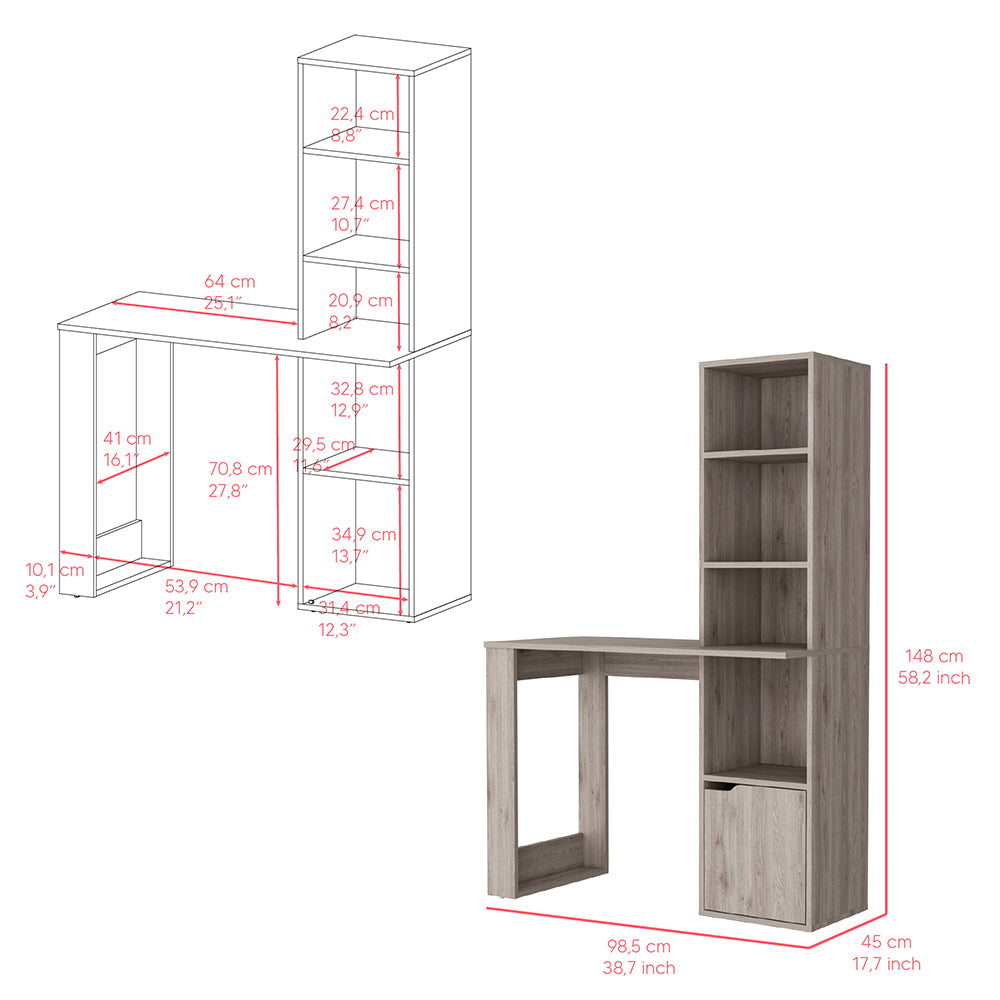 Gray wood computer desk with a tall bookshelf and a cabinet ideal for home offices