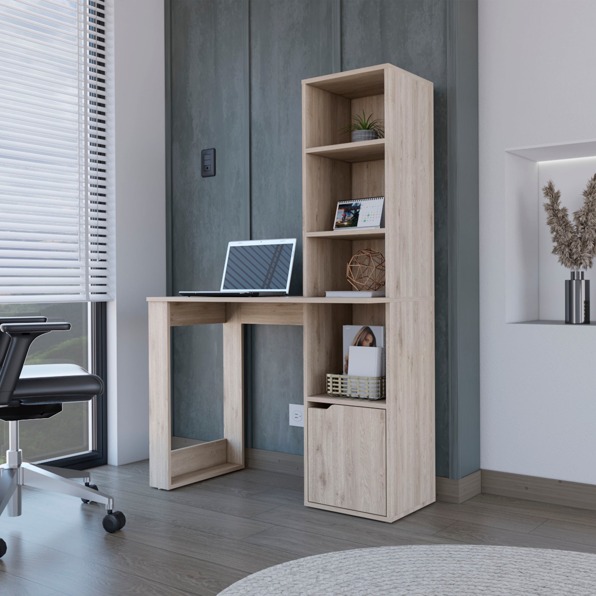 Light oak desk with integrated shelving unit laptop and black office chair