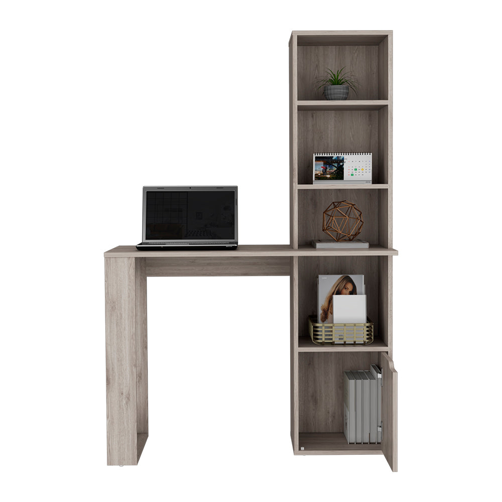 Gray wood computer desk with integrated bookshelf for home office use