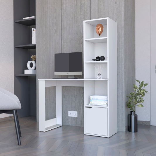 White minimalist desk with attached shelving unit featuring a computer headphones and books