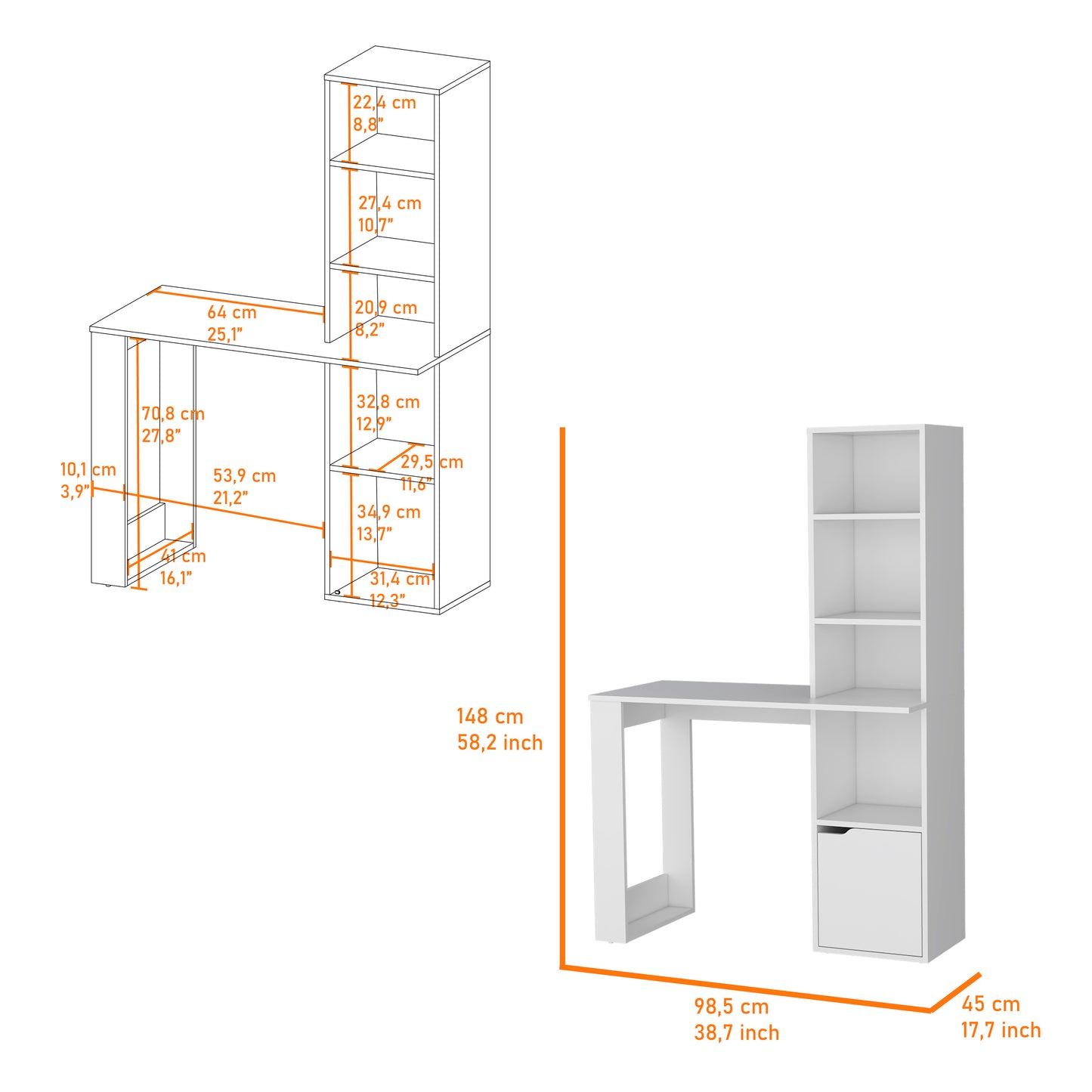 White study desk with integrated shelving unit and drawer ideal for home offices