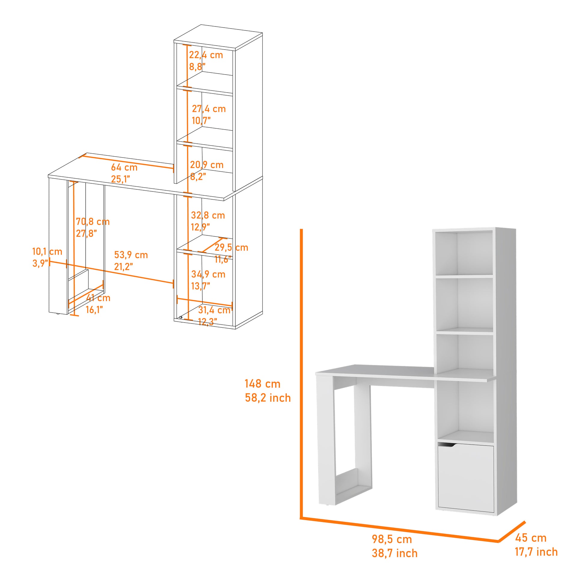 White study desk with integrated shelving unit and drawer ideal for home offices