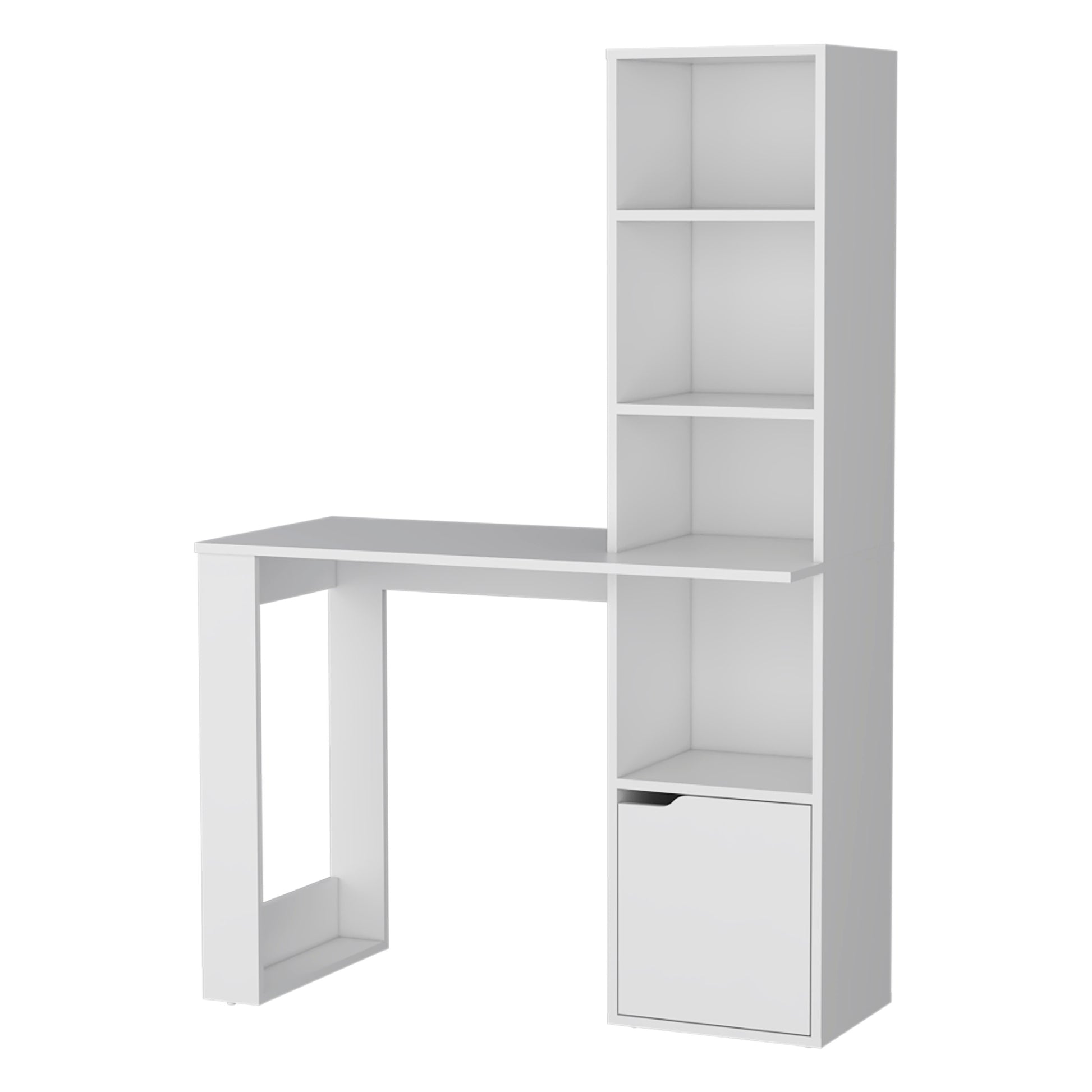White modern desk with integrated bookshelf and storage cabinet
