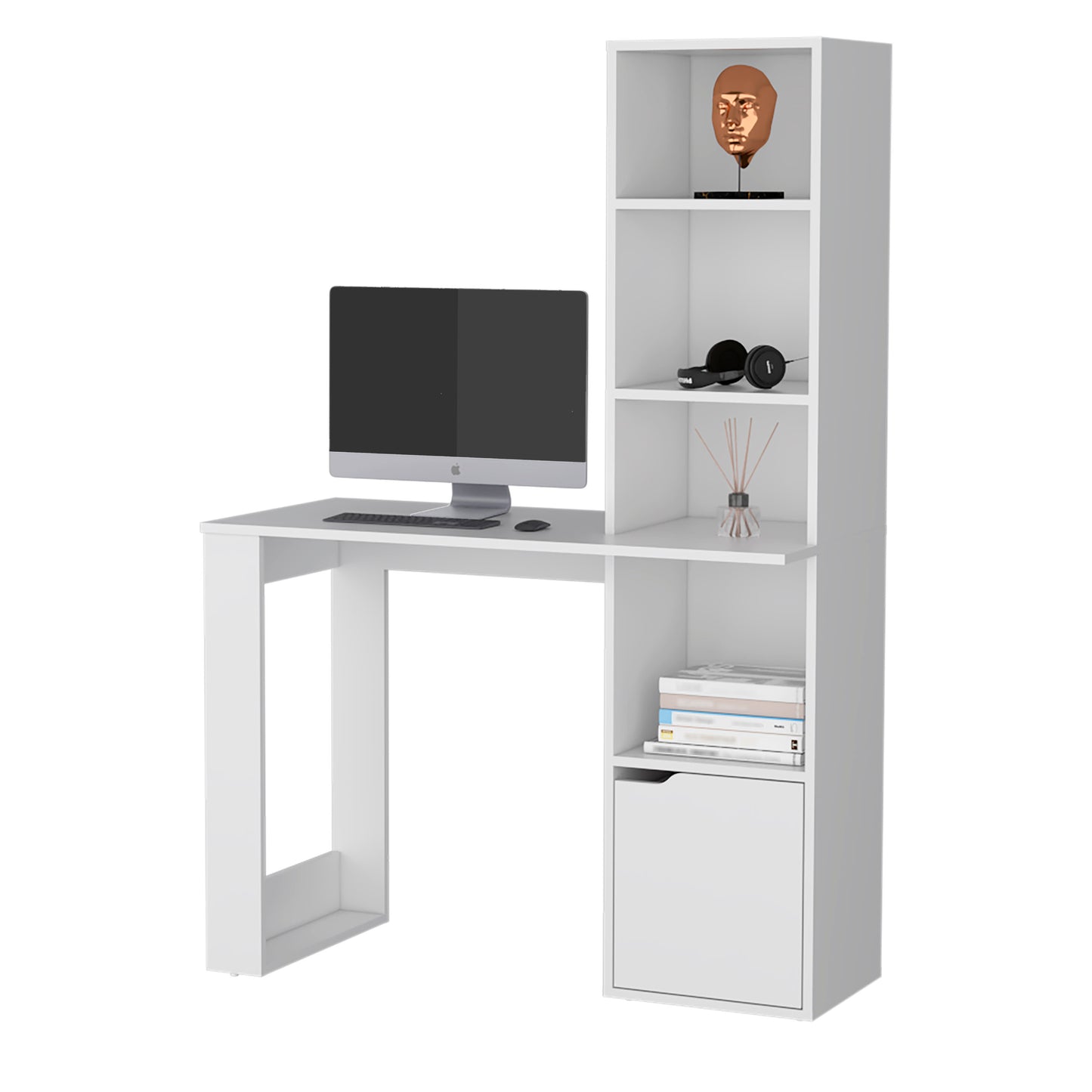 White modern desk with attached shelving unit holding computer and decor
