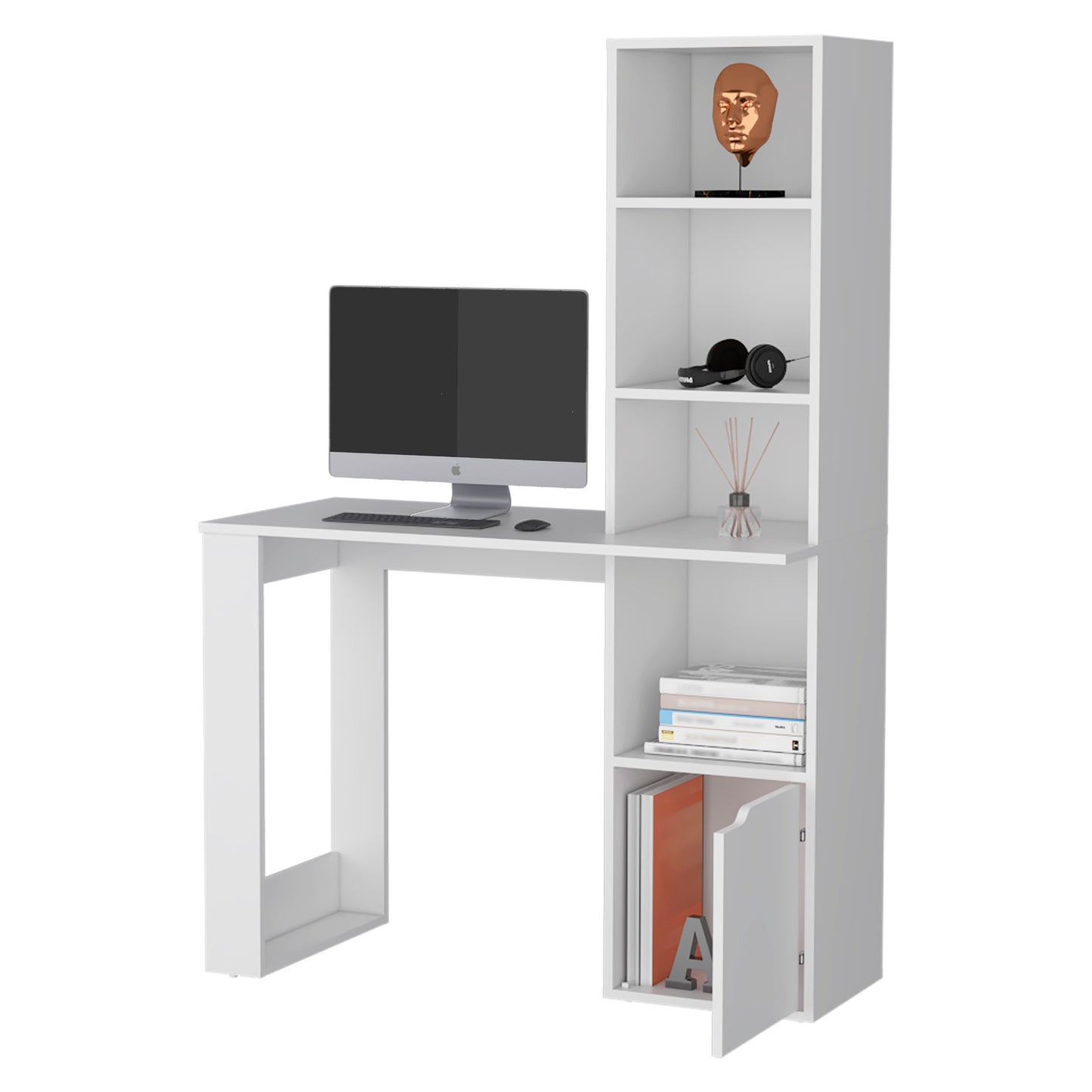 Modern white desk with integrated bookshelf and Apple computer setup