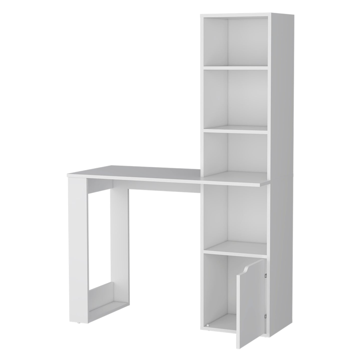 Modern white desk with integrated shelving unit for home office use