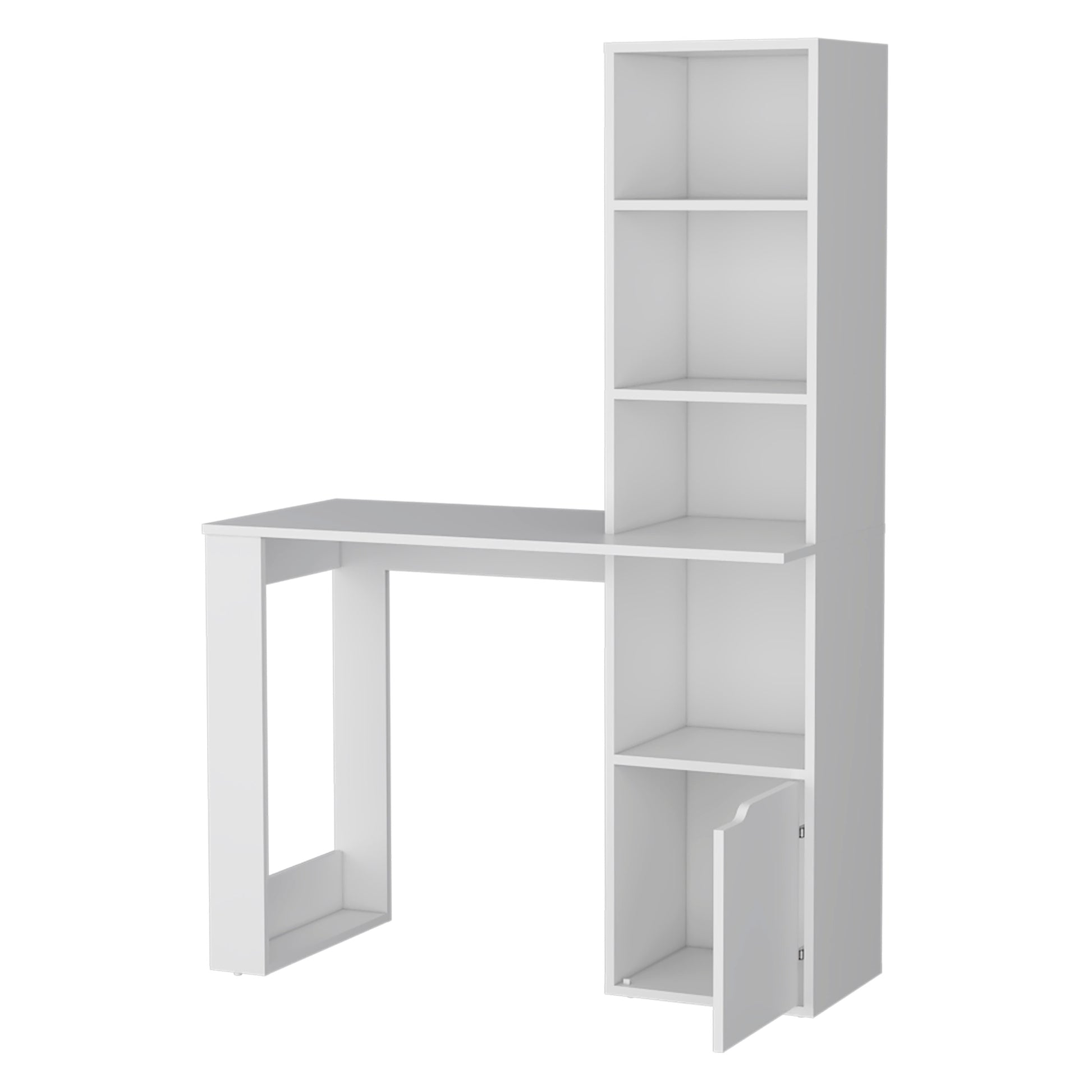 Modern white desk with integrated shelving unit for home office use