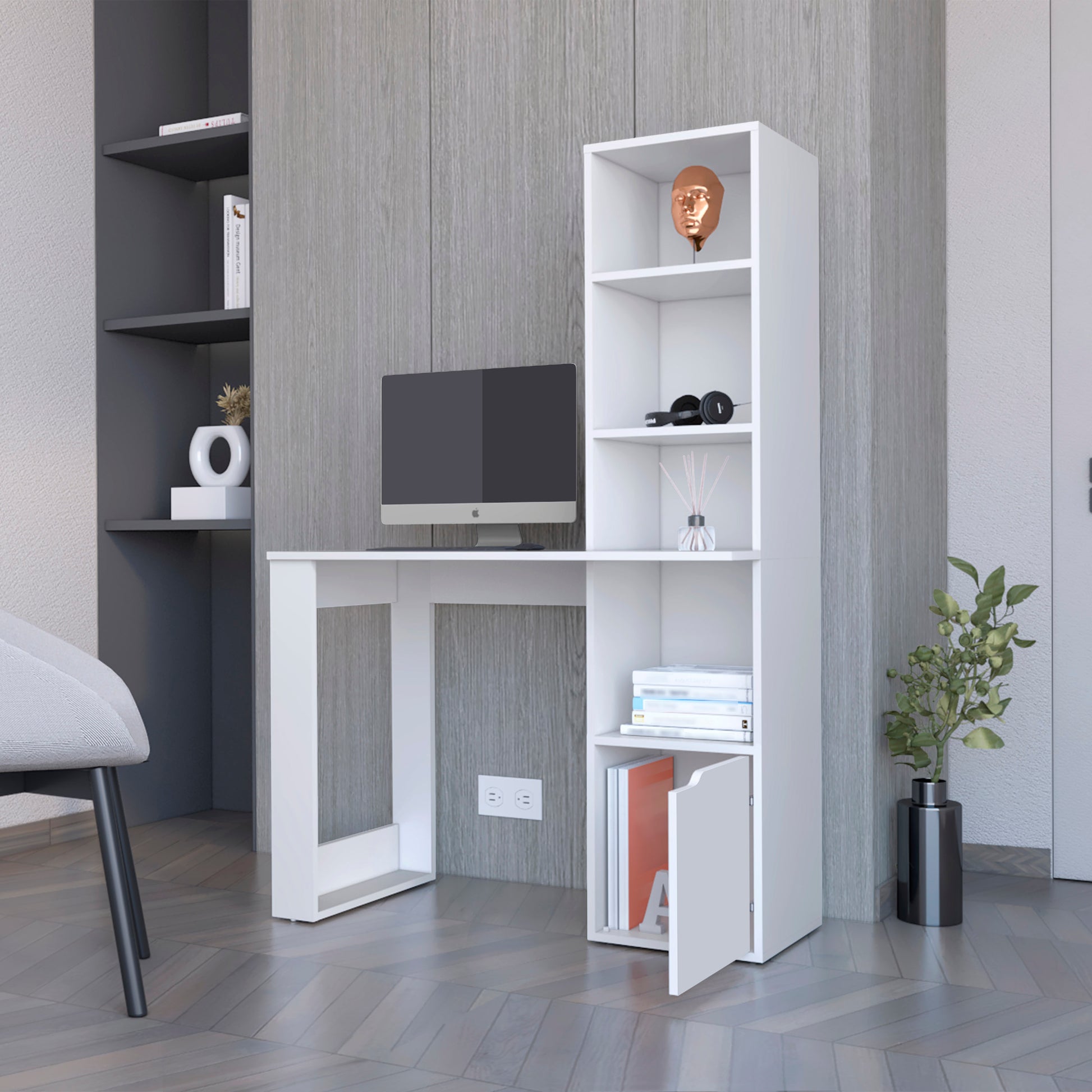 Modern white computer desk with integrated shelving perfect for home office setups