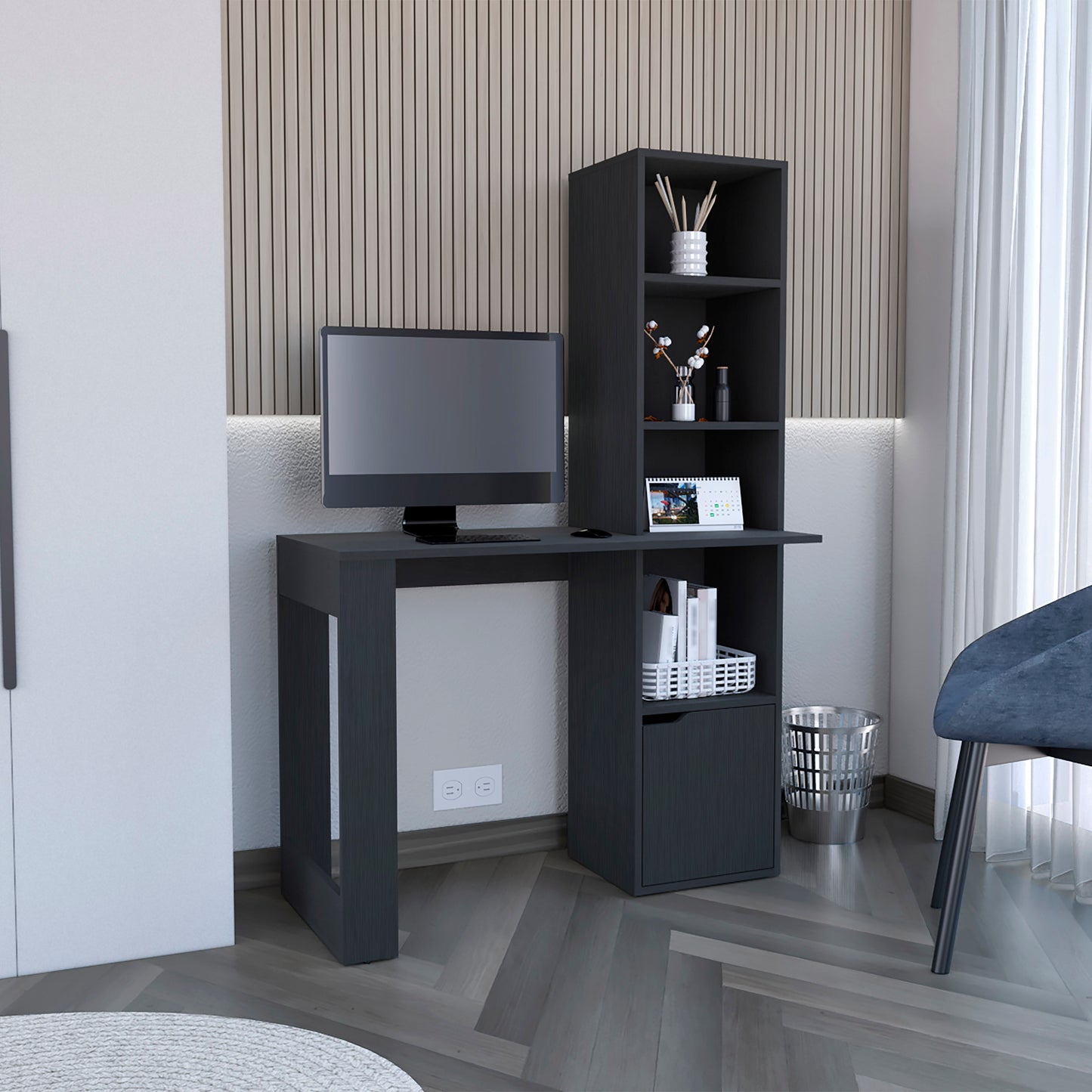 Dark gray wooden desk with integrated bookshelf and computer setup