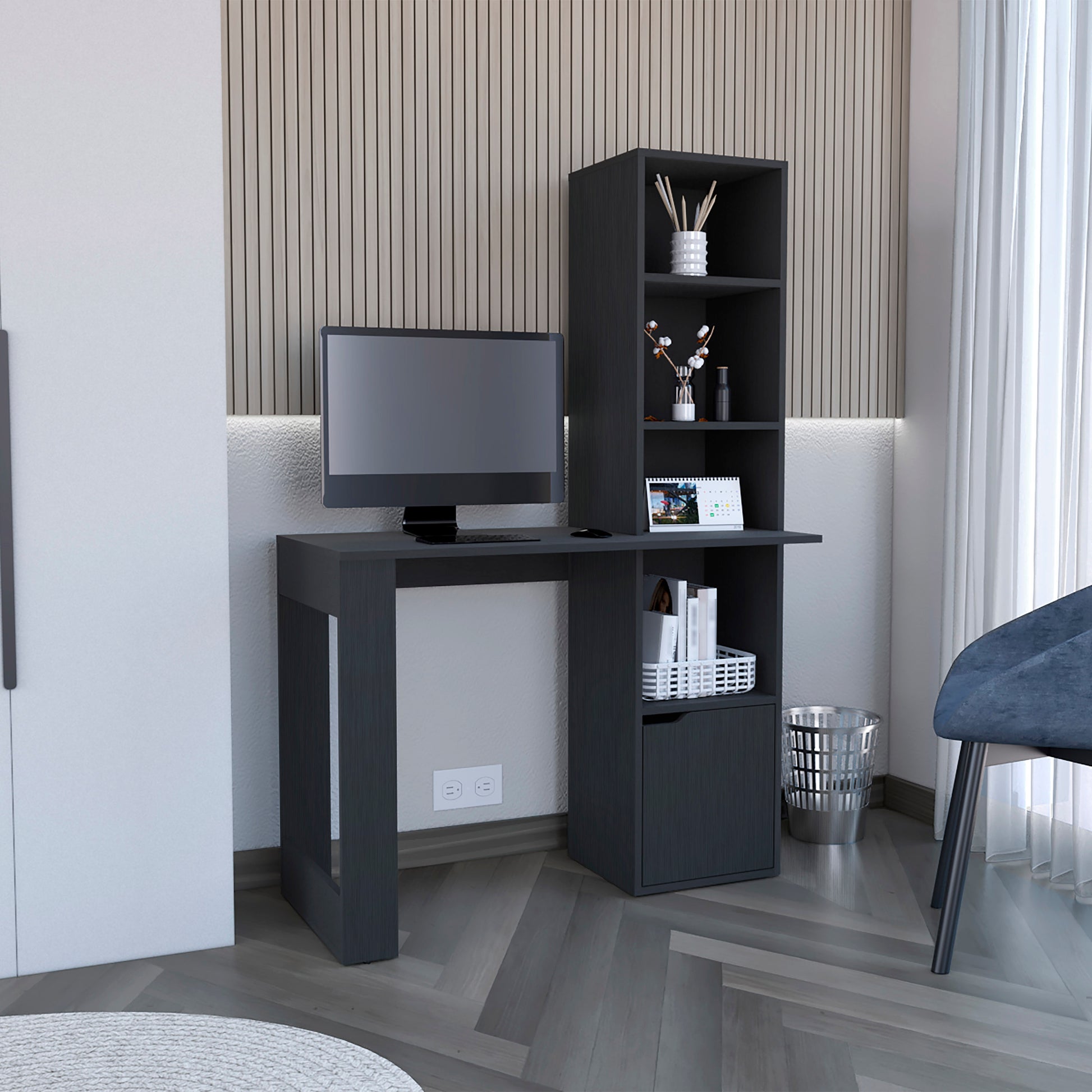 Dark gray wooden desk with integrated bookshelf and computer setup
