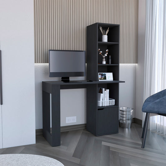 Dark gray wooden desk with integrated bookshelf and computer setup