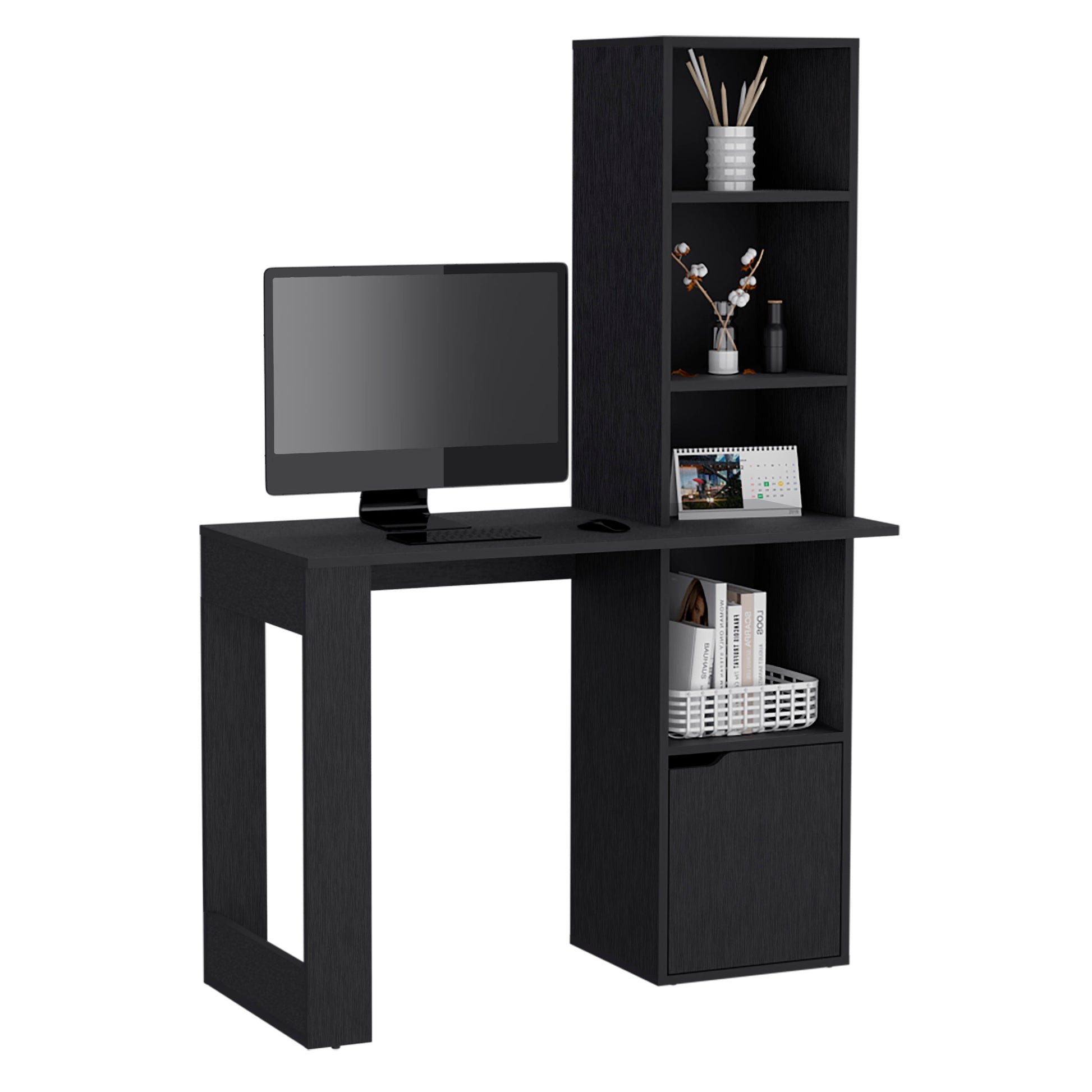 Black wooden computer desk with integrated shelving unit perfect for home offices