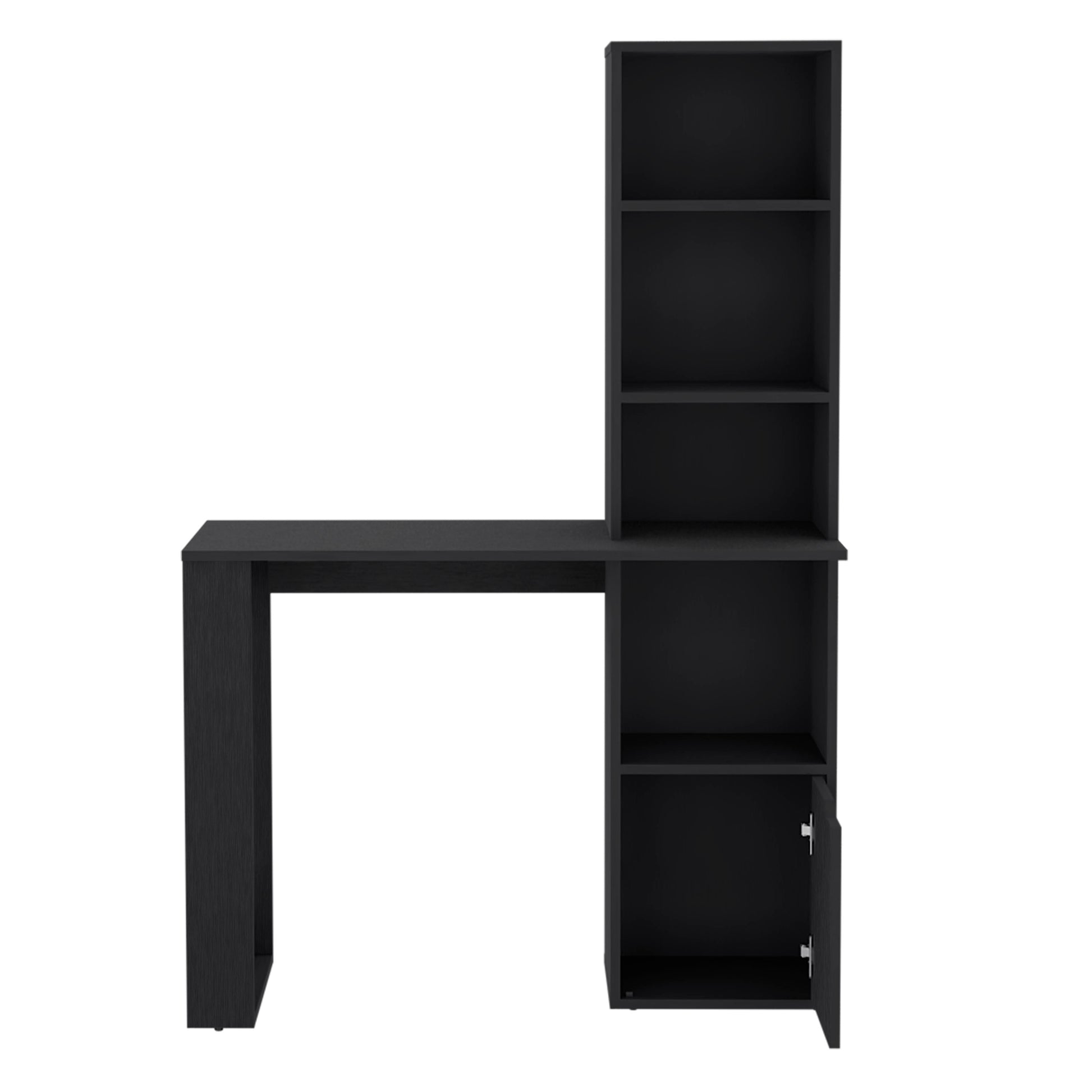 Black modern desk with integrated shelving unit and cabinet for home office