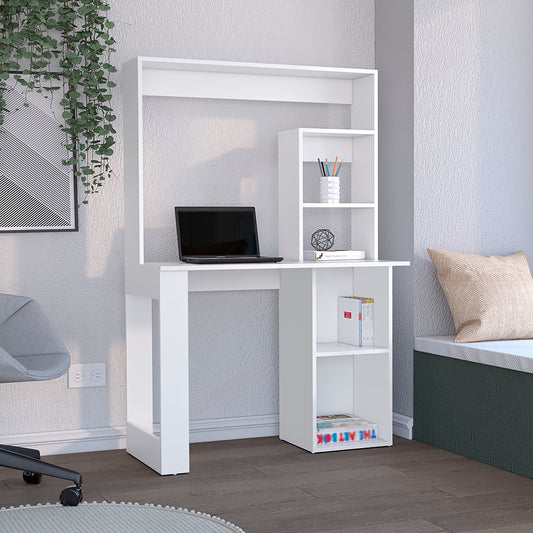 White minimalist computer desk with hutch and open shelves for home office organization