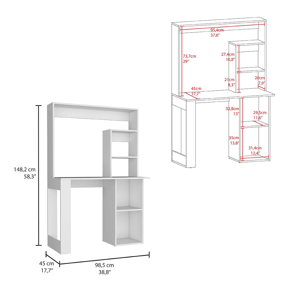 White modern desk with hutch and multiple shelves ideal for home office setup