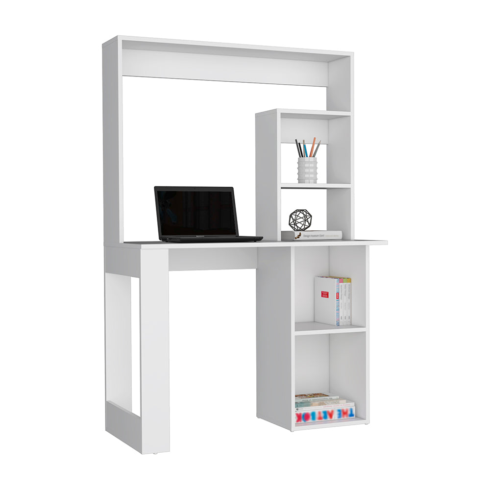 White modern computer desk with attached shelving and a laptop