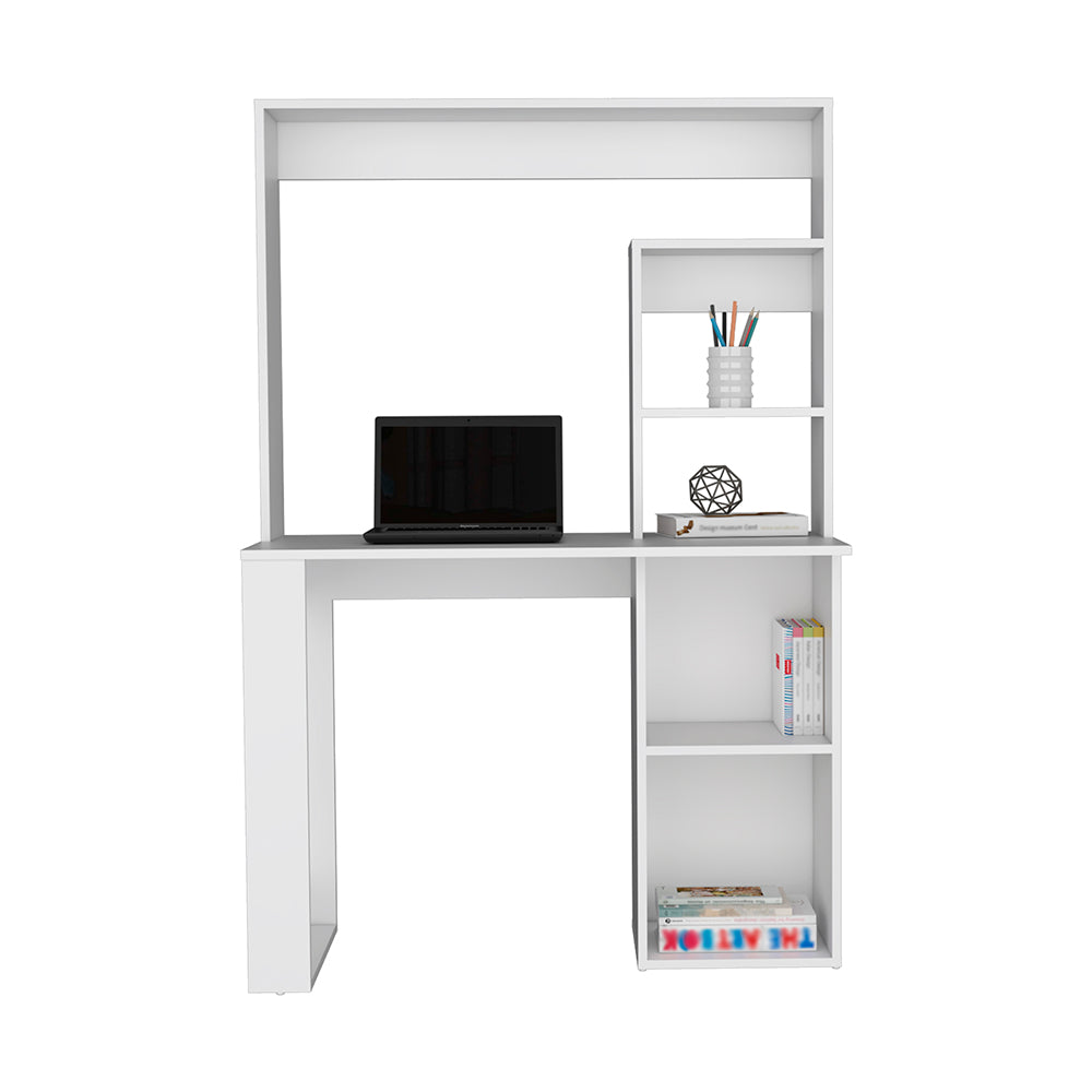 White computer desk with integrated shelving and laptop
