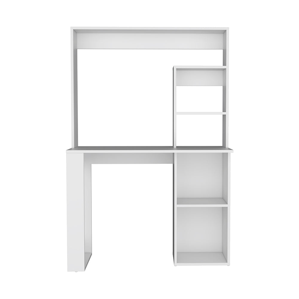 White modern desk with hutch and shelving unit