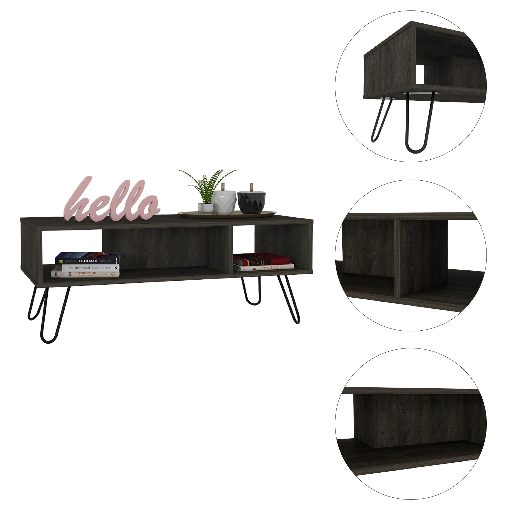 Dark wood coffee table with hairpin legs featuring open shelving for media storage